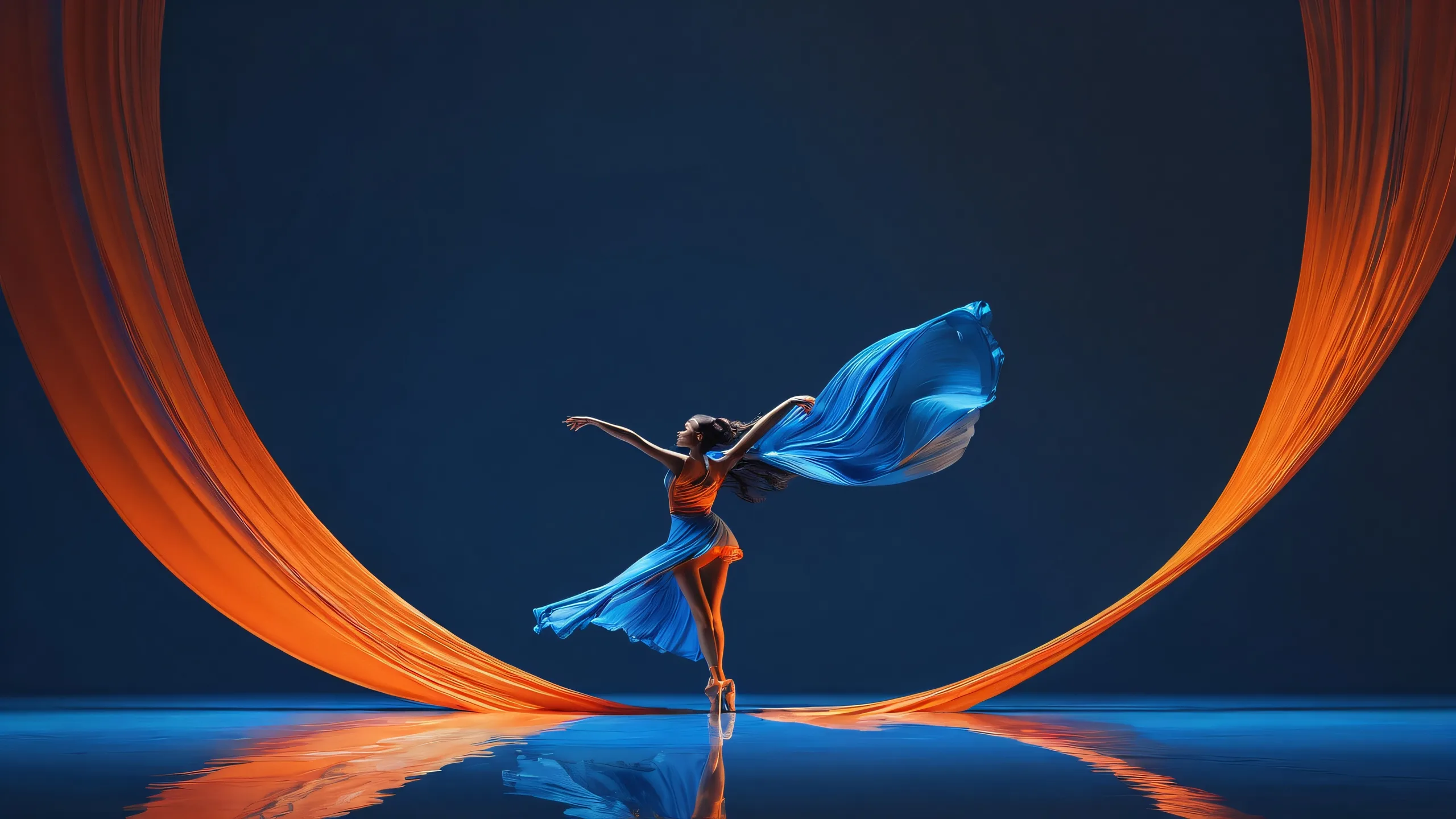 A stunning digital artwork of a centered dancer against a pure void background with horizontal streaks of blue paint, perfect for desktop use on PCs and laptops.