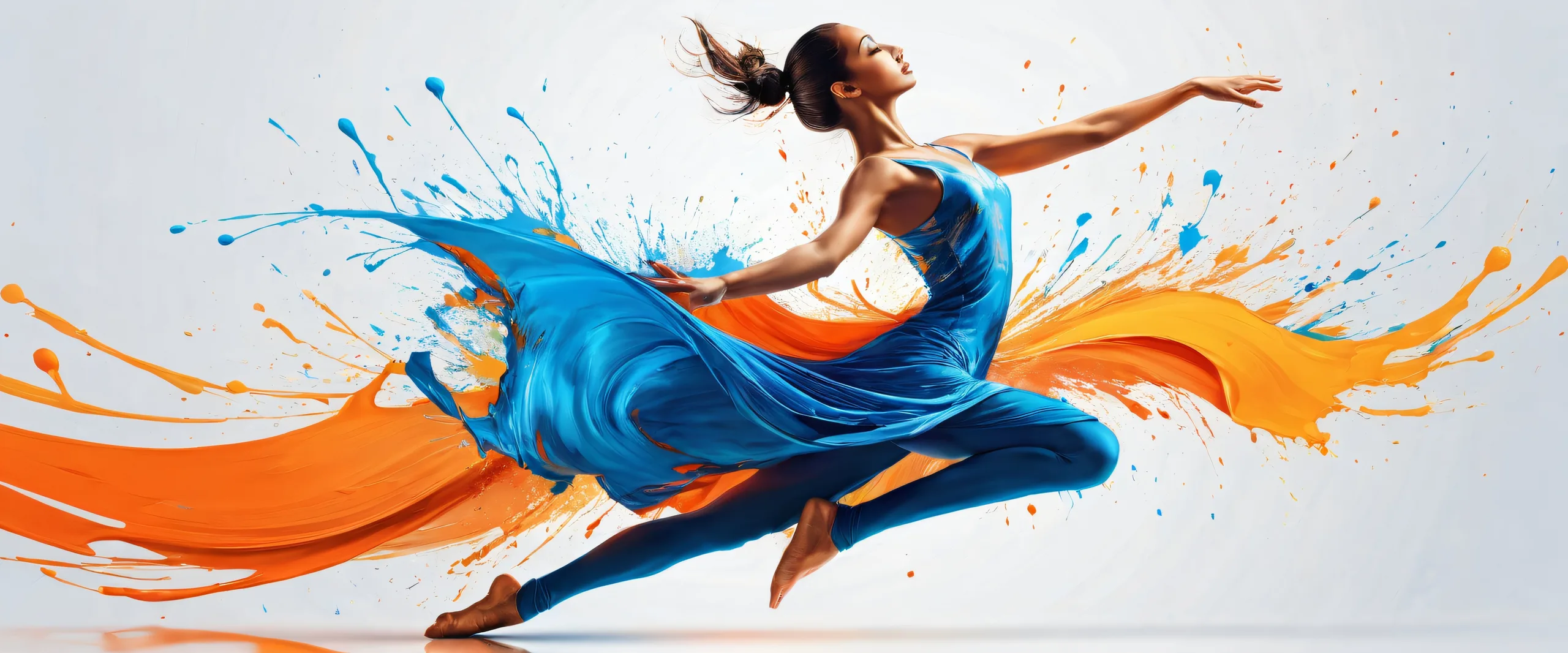 A beautiful illustration of a dancer in motion on a desktop/pc background with abstract blue and orange splashes.