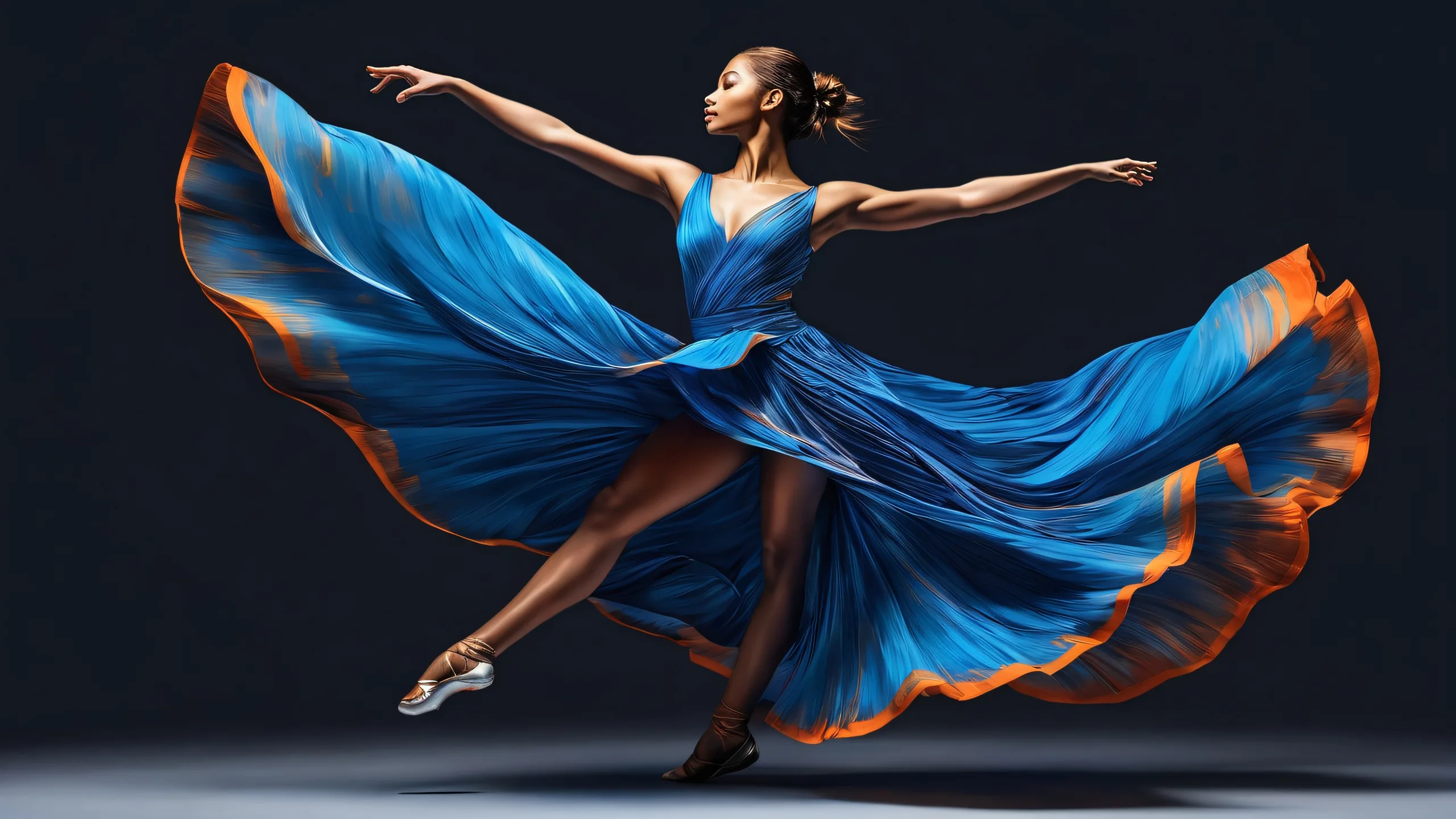A dancer in motion set against a dark grey background with blue paint streaks and radiant lighting for a desktop or PC.
