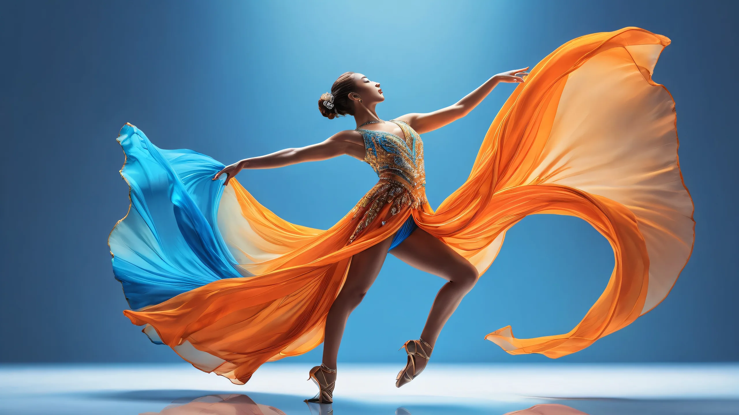 A dancer stands majestically against a vast, pure void on a desktop or PC, with radiant lighting and brilliant colors.