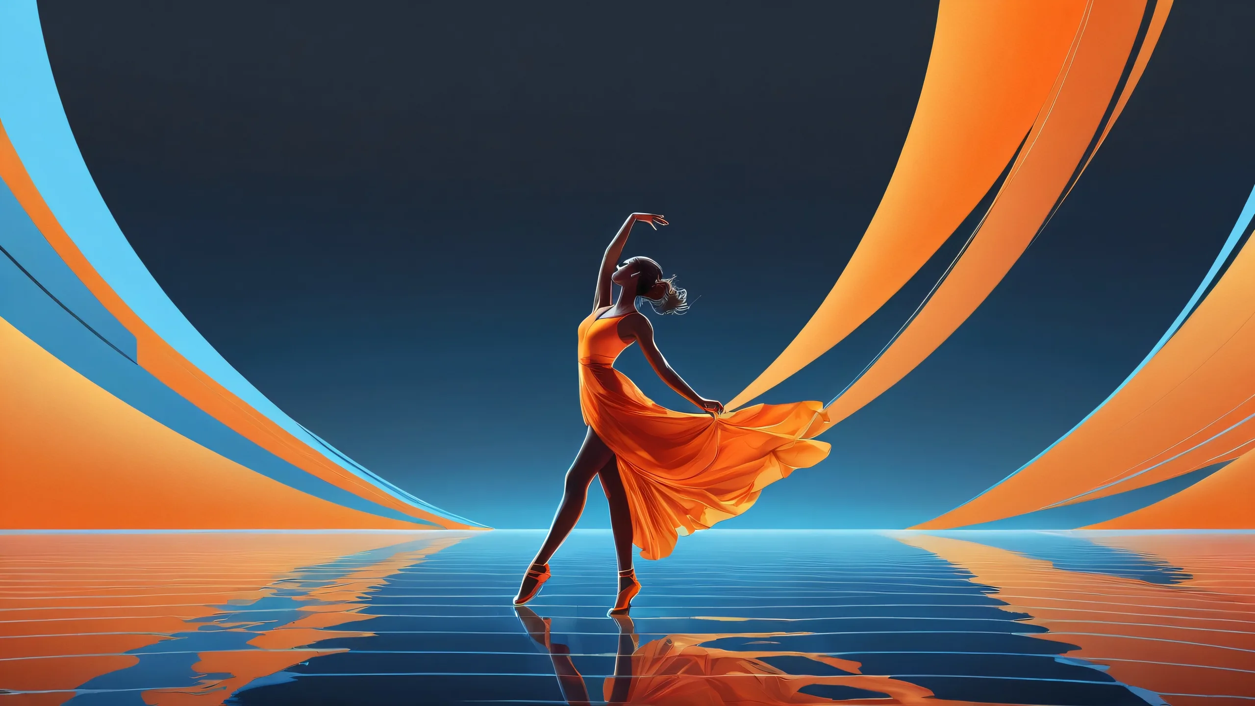 A stunning desktop wallpaper of a dancer against a dark grey background, with a perfectly clean and vast pure void, suitable for desktop/pc screens.