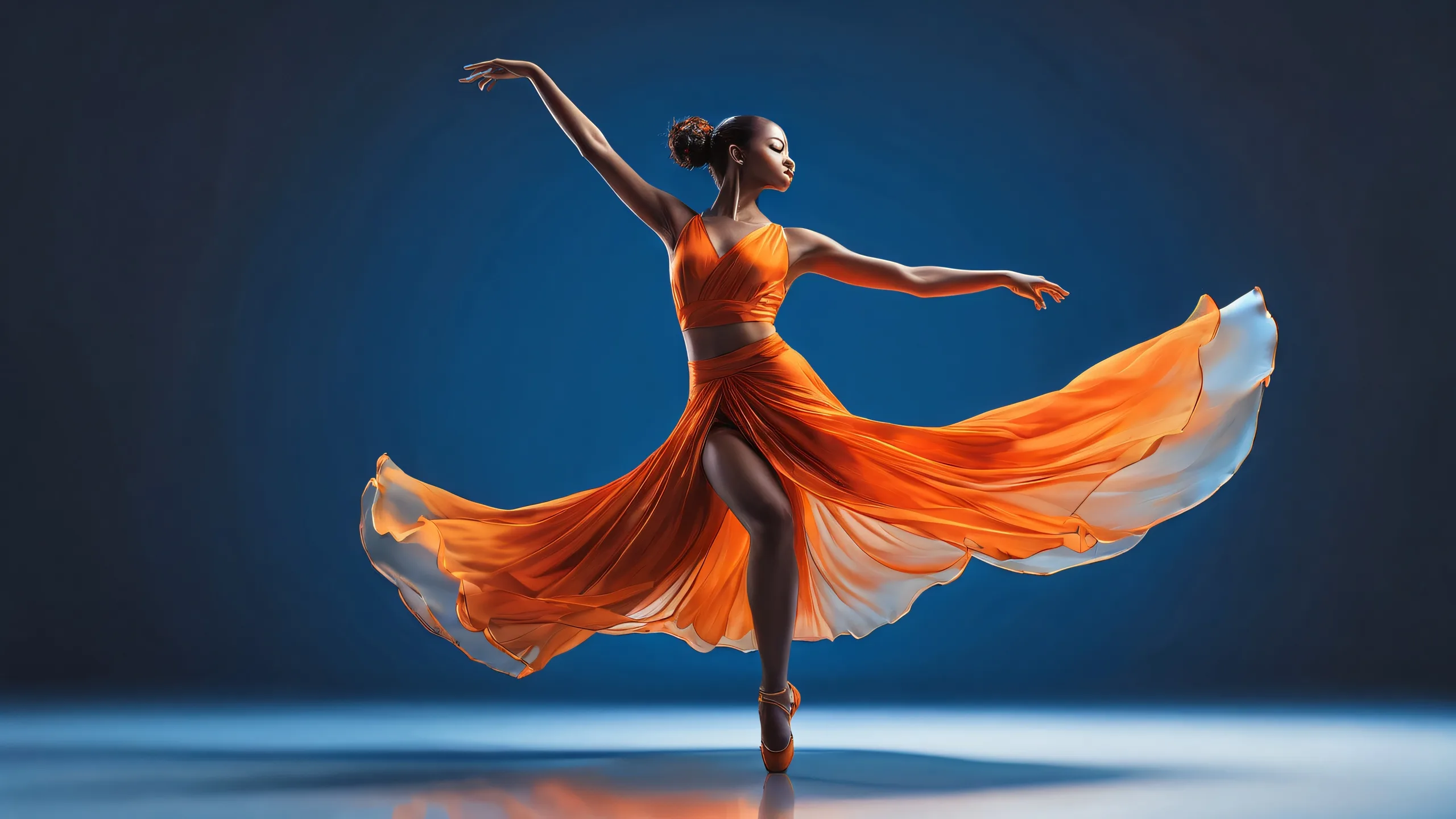 A beautifully rendered digital art piece of a dancer set against a vast, pure void. Suitable for desktop or PC backgrounds.