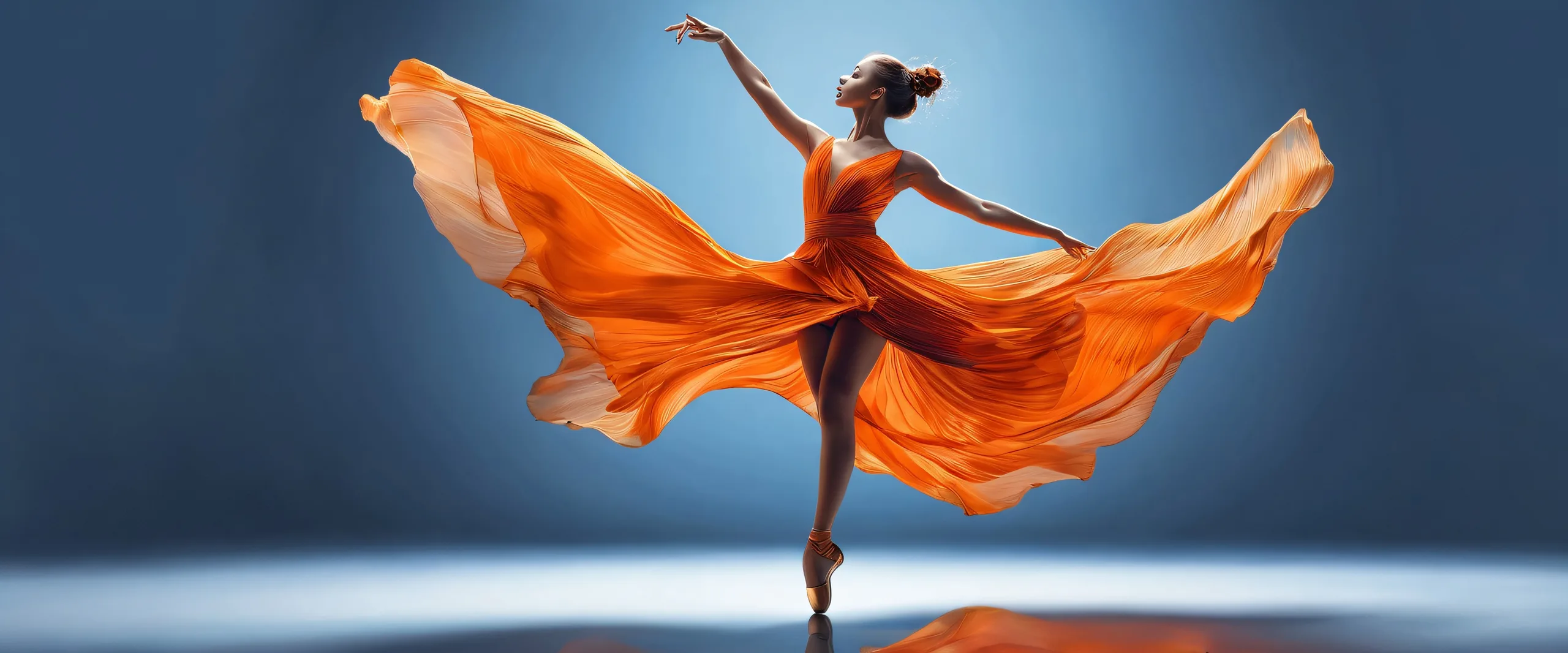 A serene desktop wallpaper featuring a dancer in a pure void with blue paint streaks on a dark grey background, perfect for a Desktop/PC.