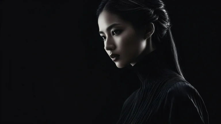 Woman in a vast pure void with extreme depth of field, for Desktop/PC use.