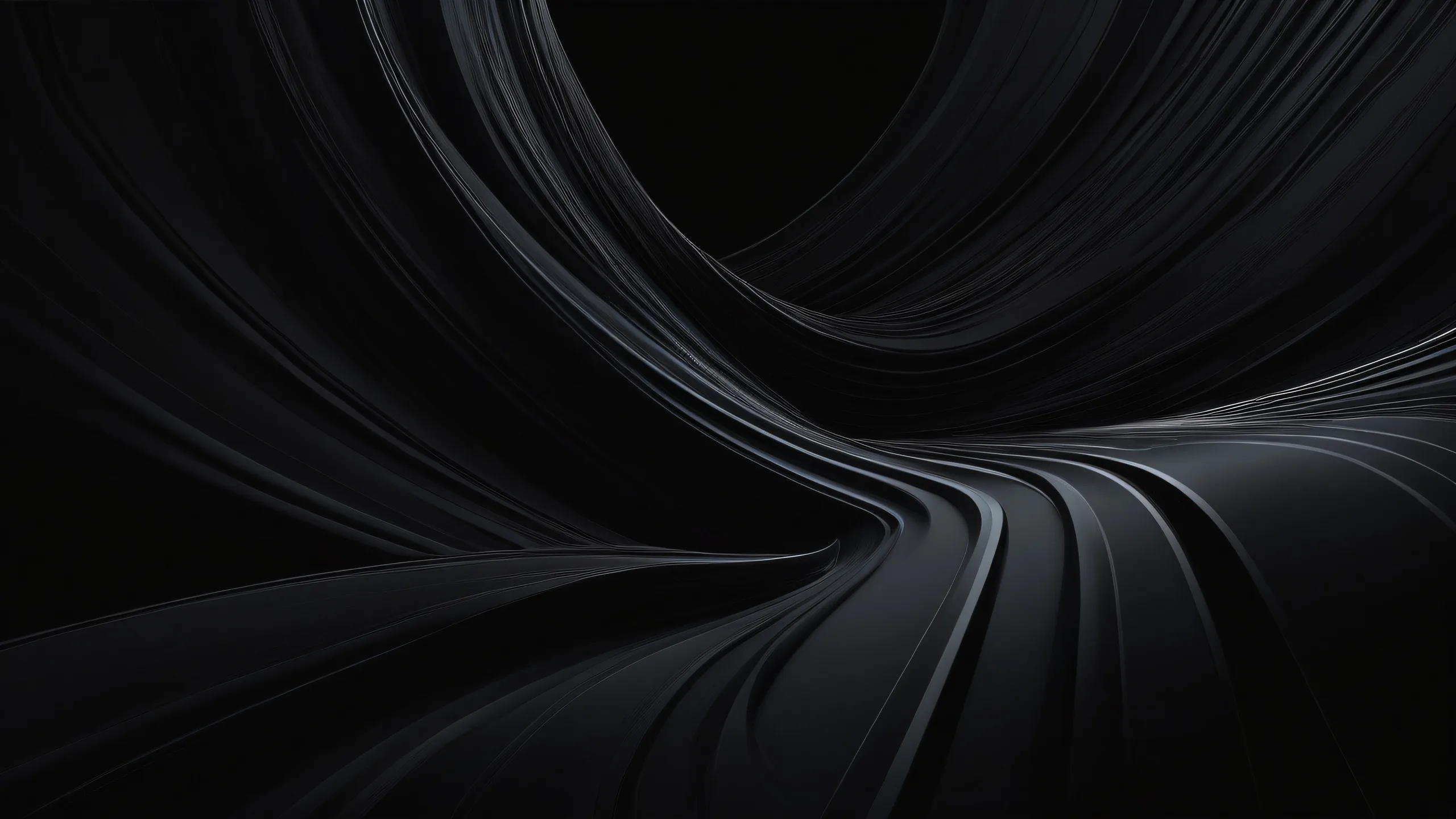 A stunning dark mode desktop wallpaper featuring a vast void with deep blacks and luminescent accents for Desktop/PC.