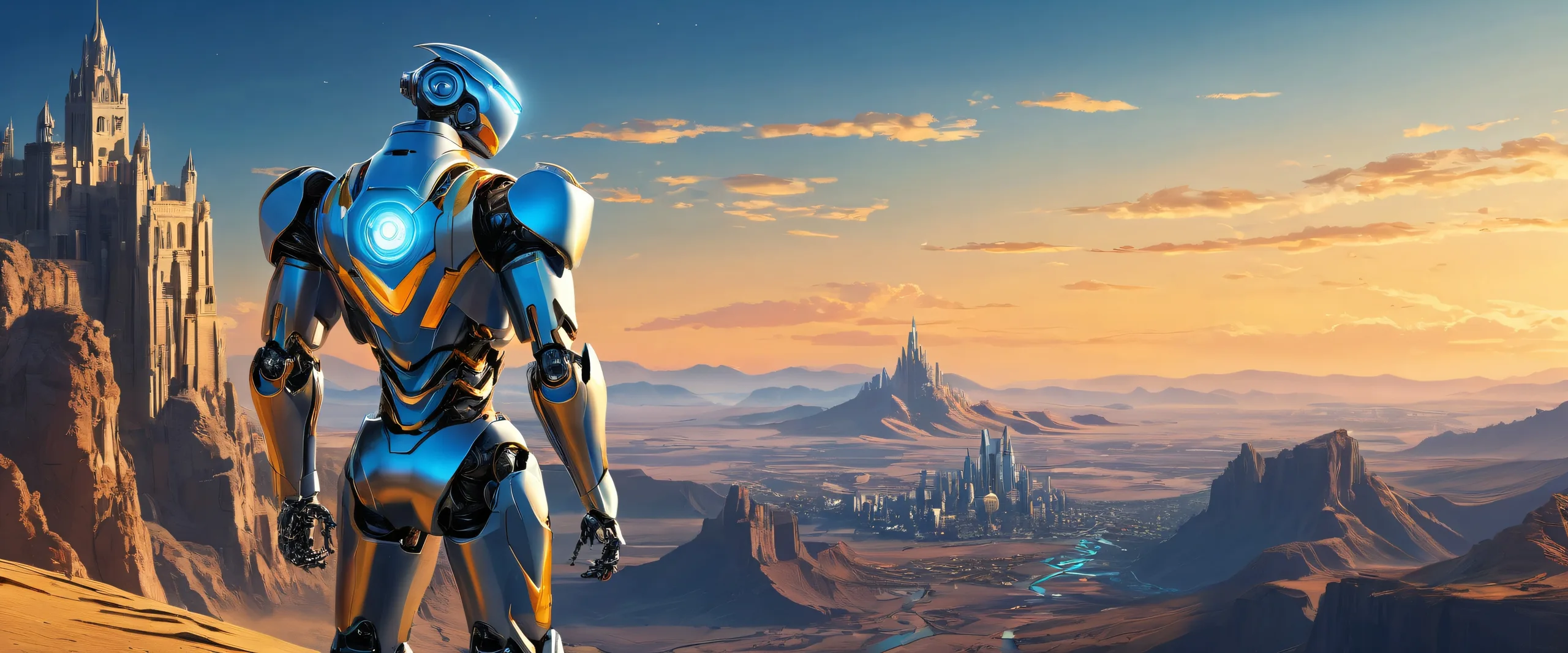 Desktop/PC wallpaper of a futuristic cityscape at dawn with robots and buildings.