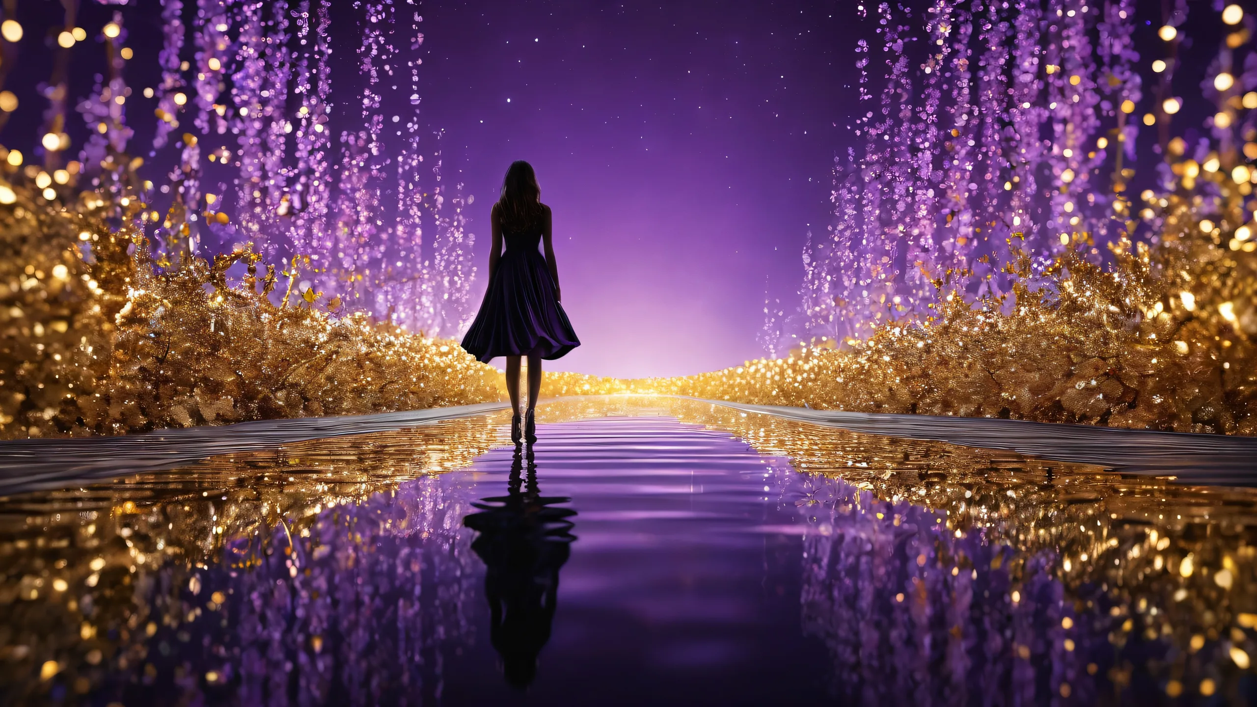 A breathtaking desktop wallpaper of a vast pure void with golden lights streaking down from above and bokeh color pop on a Desktop/PC.