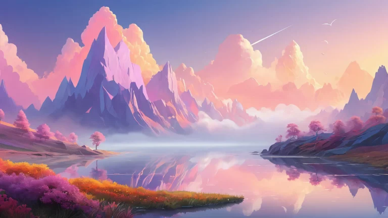 Desktop/PC background featuring unreal shapes emerging from fog with radiant colors and misty morning atmosphere