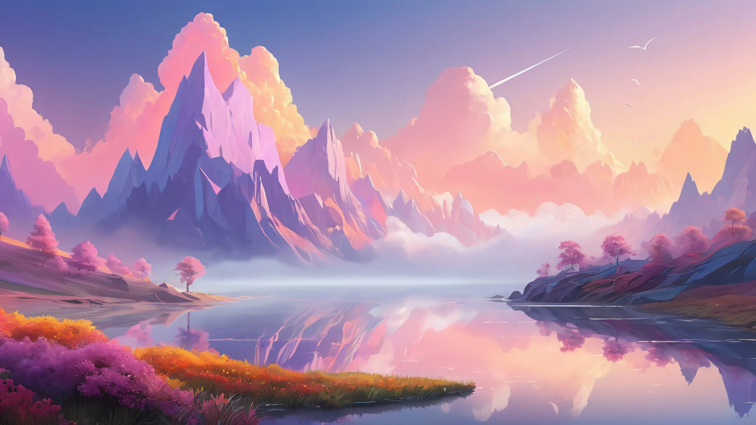 Desktop/PC background featuring unreal shapes emerging from fog with radiant colors and misty morning atmosphere