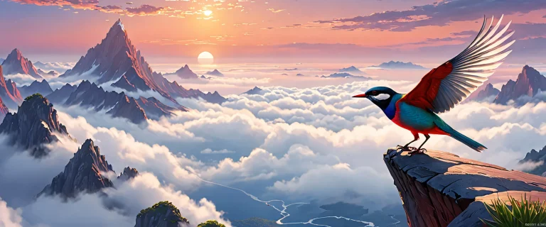 A beautifully designed desktop wallpaper featuring a bird in a vast, foggy landscape for your PC or Desktop.