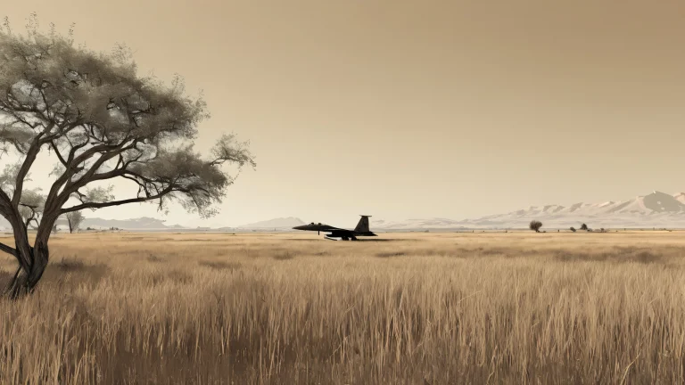Abandoned F-15 Eagle fighter jet stands alone in a desolate field, surrounded by wild grasses and skeletal trees, set against a pale sepia-toned sky. Desktop/PC wallpaper.