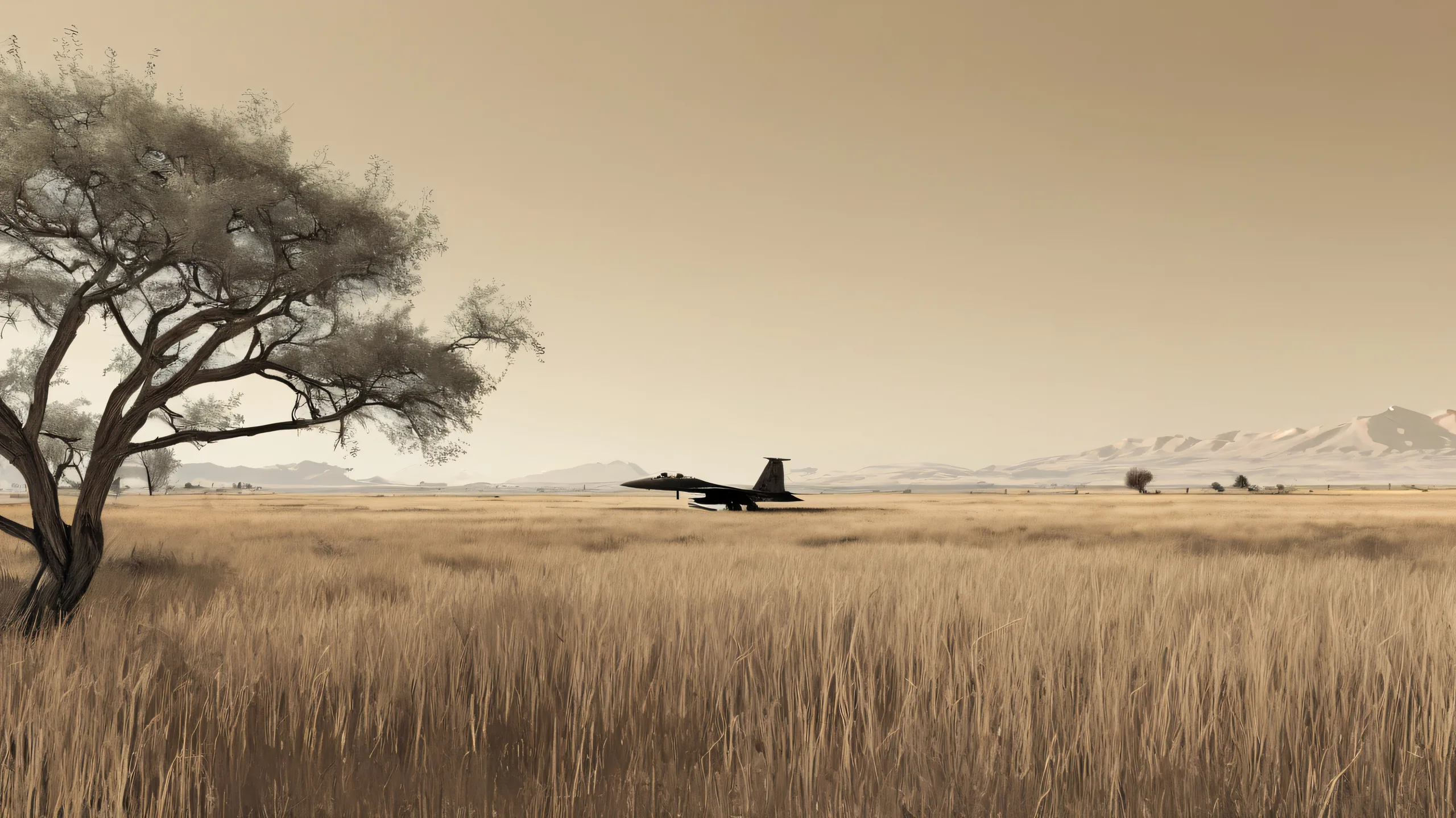 4K Ethereal Dawn: F-15 Solace Desktop Background Abandoned F-15 Eagle fighter jet stands alone in a desolate field, surrounded by wild grasses and skeletal trees, set against a pale sepia-toned sky. Desktop/PC wallpaper.
