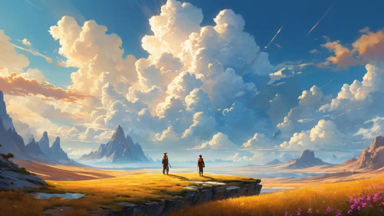 A serene desktop scene of Standing Men amidst a vast pure void with sunlit clouds and nature, geeignet für Desktop/PC.