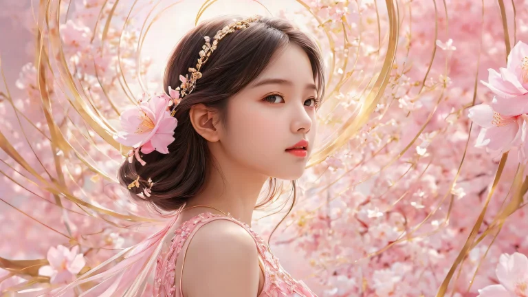 Girl in a vast pure void with radiant colors and ray-traced reflections for desktop/pc