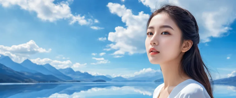 A breathtaking young woman in a vast pure void with dominant blue tones and radiant lighting, perfect for desktop use on PC or Mac.