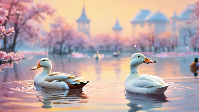 A serene desktop scene featuring ducks swimming in a vast, pure void with extreme depth of field and stunning visual impact for your PC or Desktop.