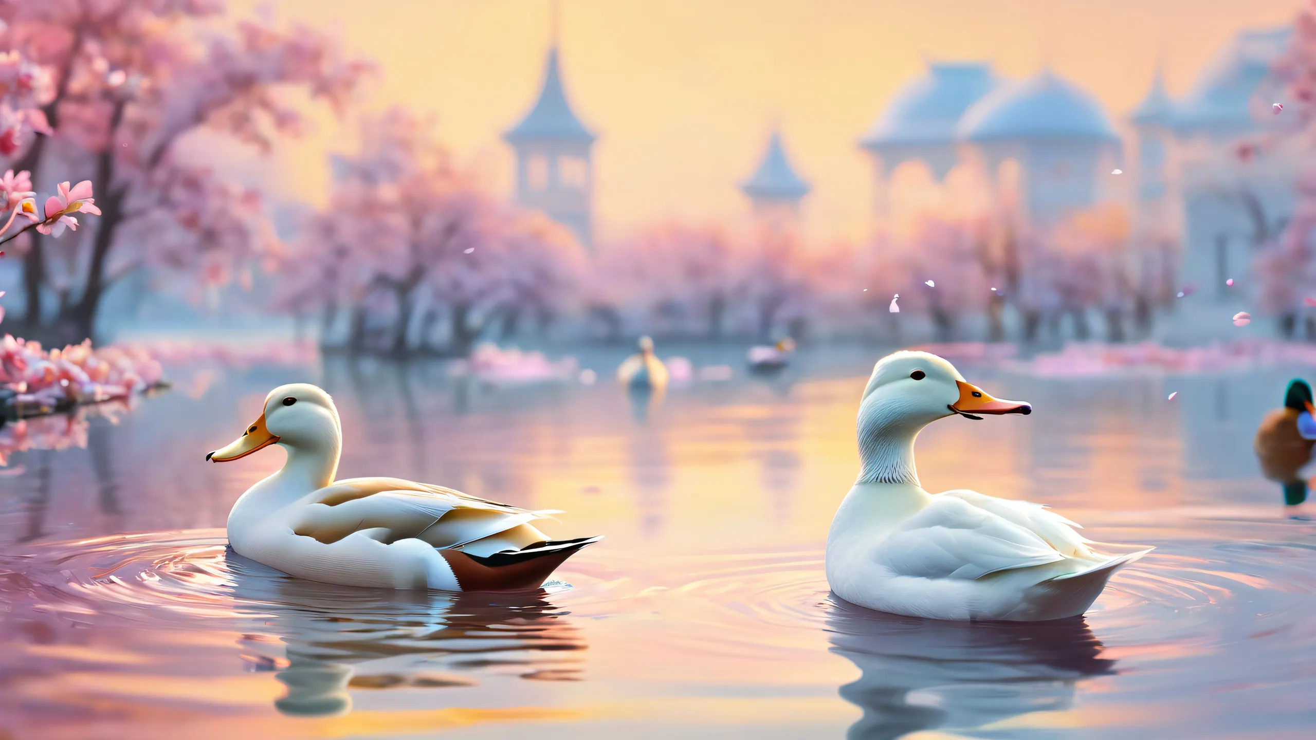 Stunning Ethereal Dawn on the Water Wallpaper A serene desktop scene featuring ducks swimming in a vast, pure void with extreme depth of field and stunning visual impact for your PC or Desktop.