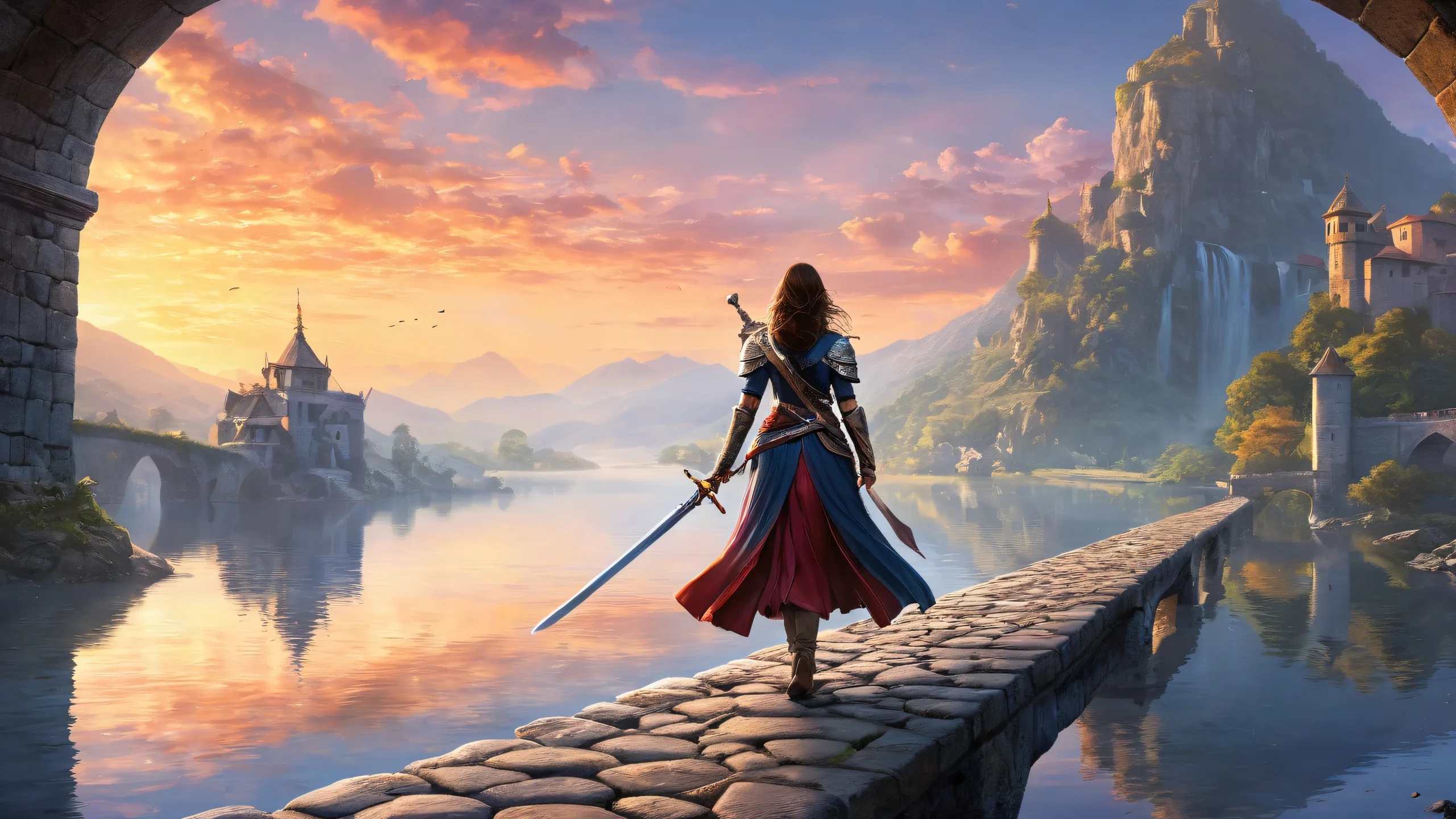 A woman wields a falchion on a misty cobblestone bridge against a vast pure void at dawn, suitable for desktop/PC use.
