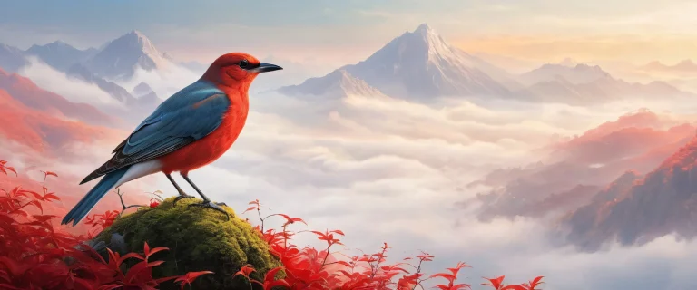 Nesting bird in a vast pure void, with extreme depth of field and thick fog on a desktop/pc