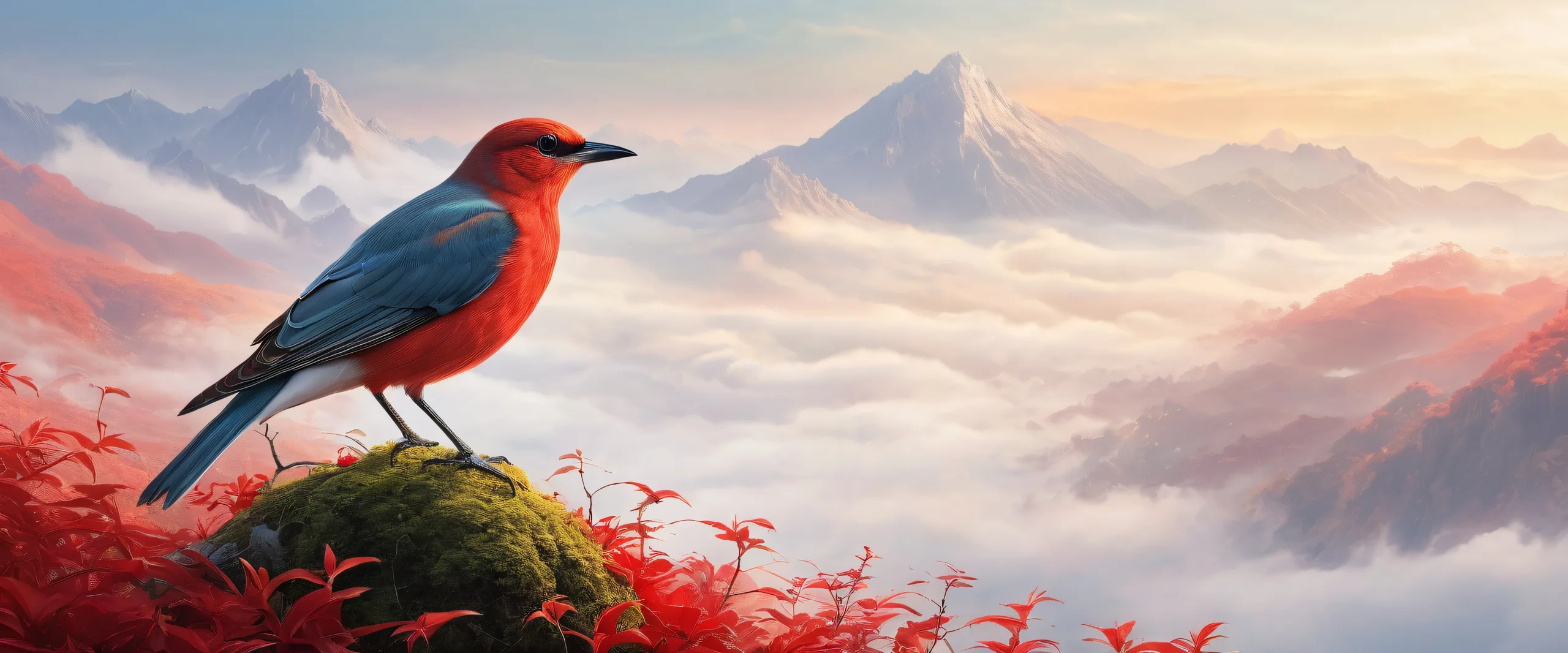 Nesting bird in a vast pure void, with extreme depth of field and thick fog on a desktop/pc