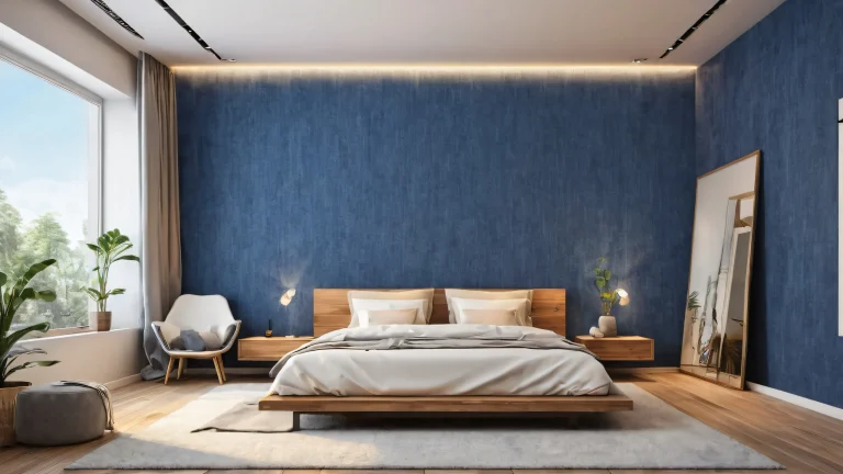 A serene and radiant denim-themed desktop image featuring a cozy room with perfectly clean walls and ethereal lighting, adapté pour PC ou ordinateur de bureau.