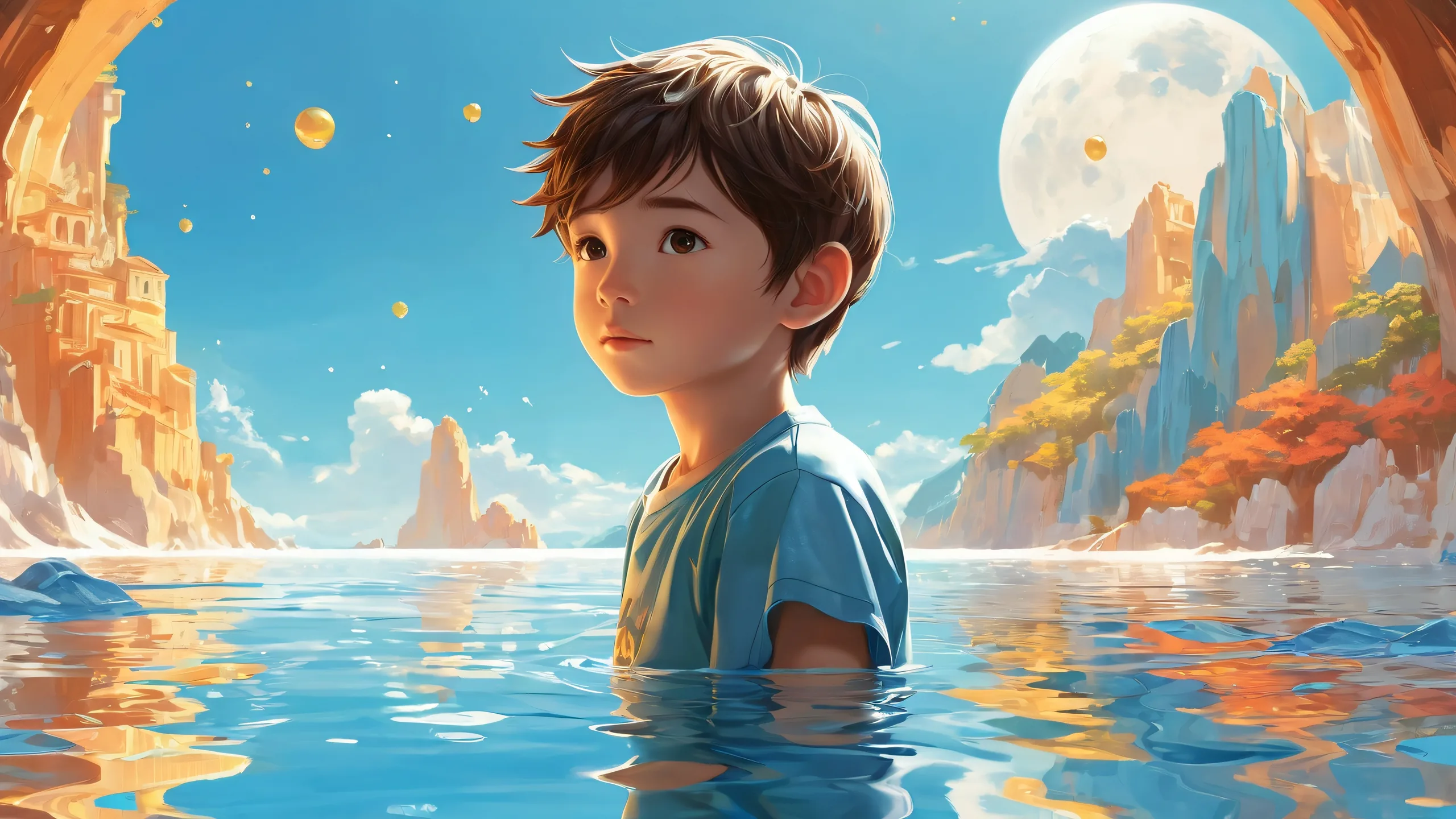 Boy standing in a vast, pure void with ethereal lighting, perfect for desktop or PC.