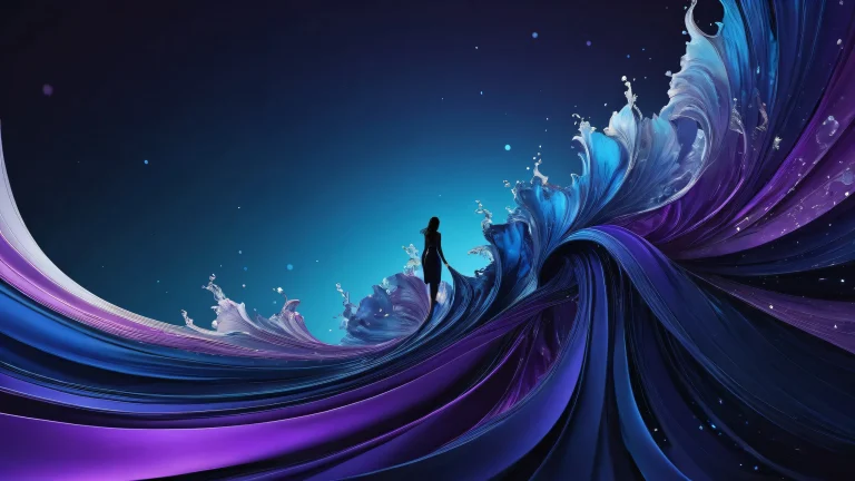 A serene desktop image of a human subject floating in mid-air, with a deep blue and purple background, for use on Desktop/PC.
