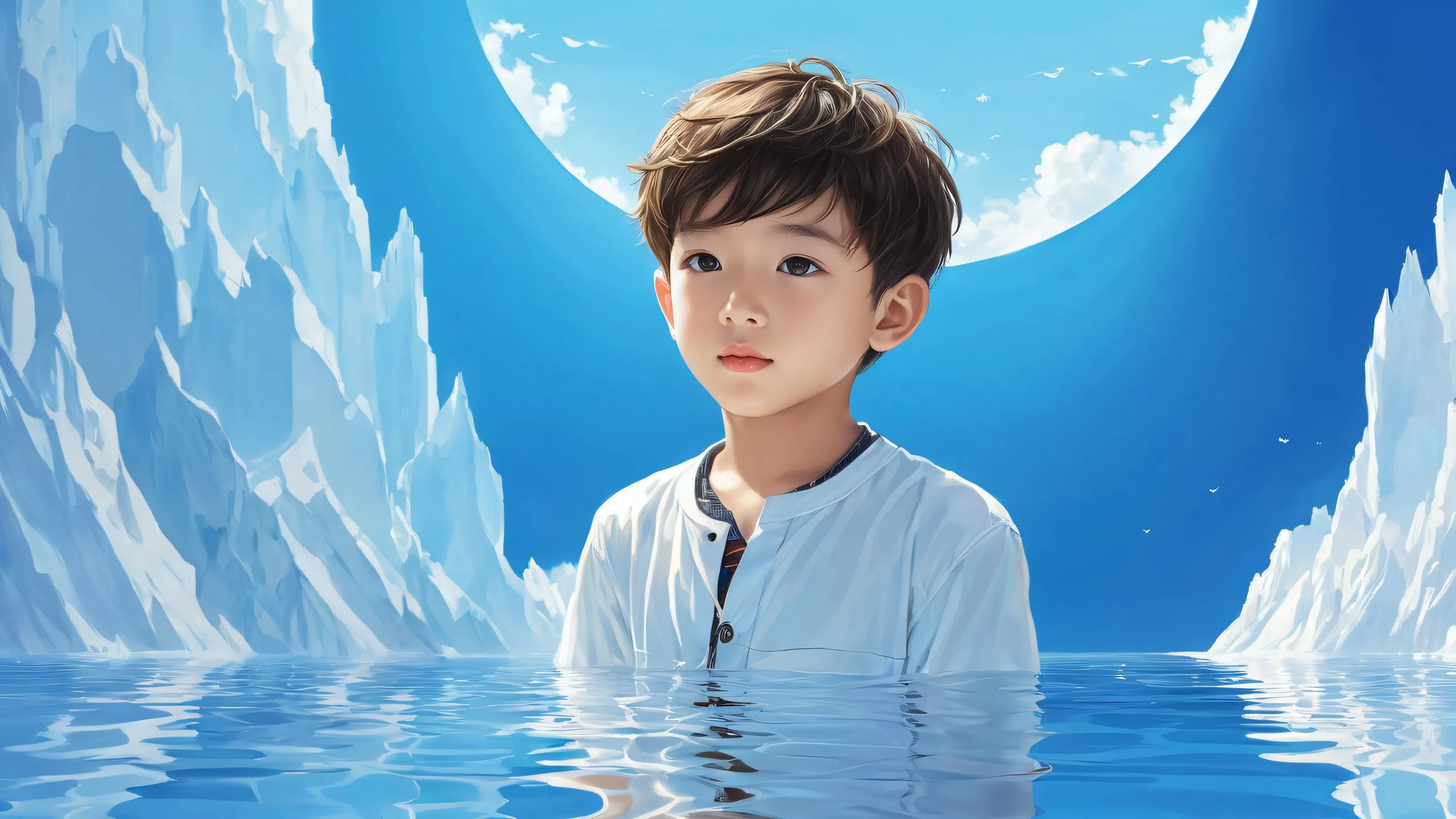 A breathtaking desktop wallpaper of a boy standing in front of a perfectly clean vast pure void, with extreme depth of field and radiant colors. Suitable for a Desktop/PC.