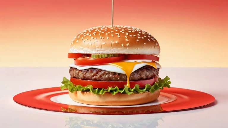 A stunning desktop wallpaper featuring a vast, pure void with ethereal lighting and vibrant illustrations of burgers, parfait pour votre ordinateur de bureau/PC.
