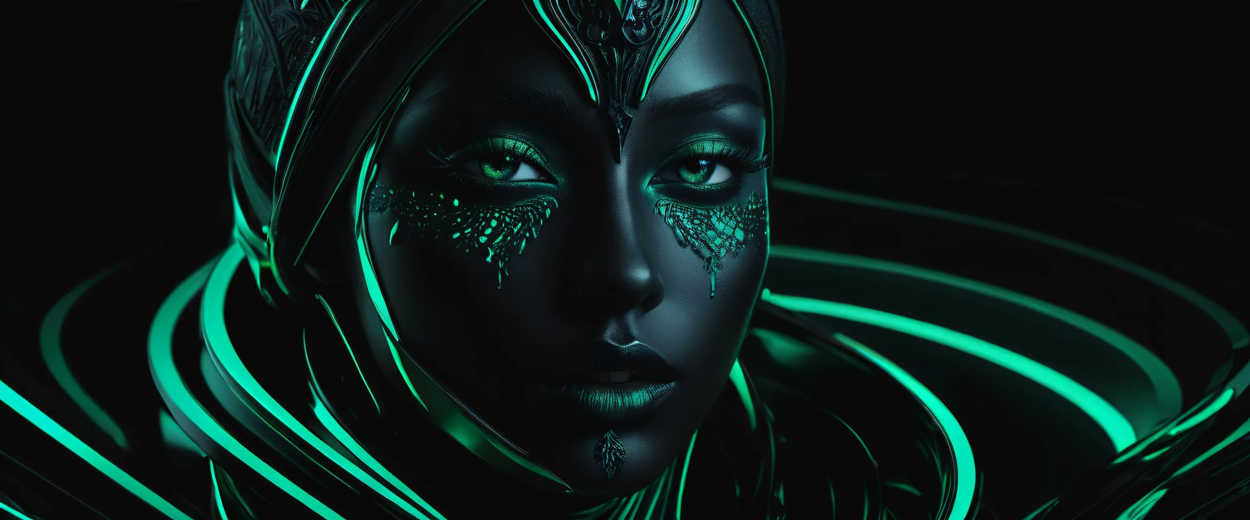 Beautiful face in a dark, void-like background suitable for desktop/pc screens with extreme depth of field and detailed illustration.