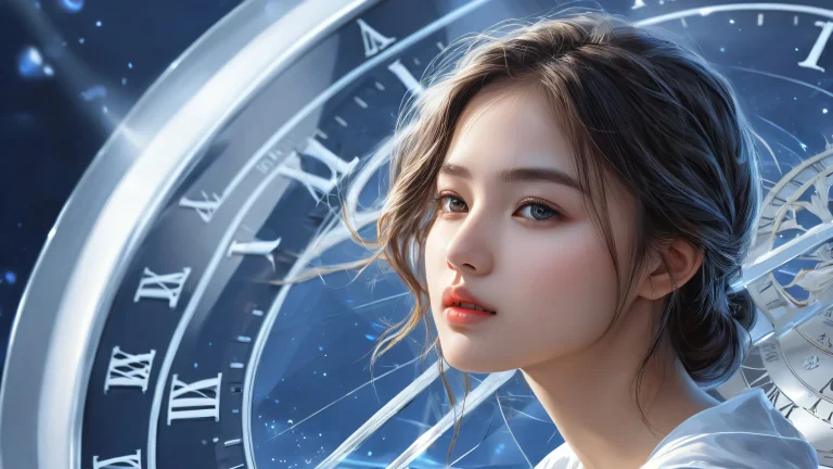 A stunning desktop image of a girl in a vast, pure void with a subtle clock and radiant colors.