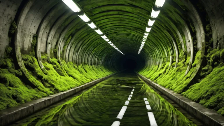 A breathtaking desktop wallpaper featuring a hybrid creature and a massive concrete sewer tunnel with moss-covered walls, set against a vast pure void, suitable for use on a Desktop/PC.