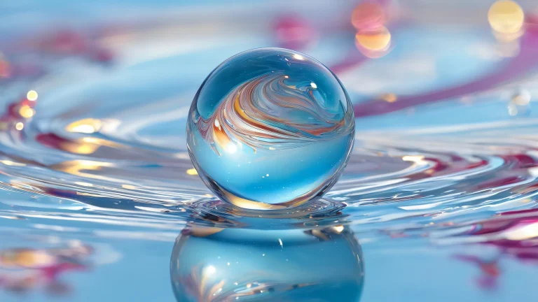 A pristine glass marble desktop scene with radiant colors and reflective water on a bright and airy background for Desktop/PC