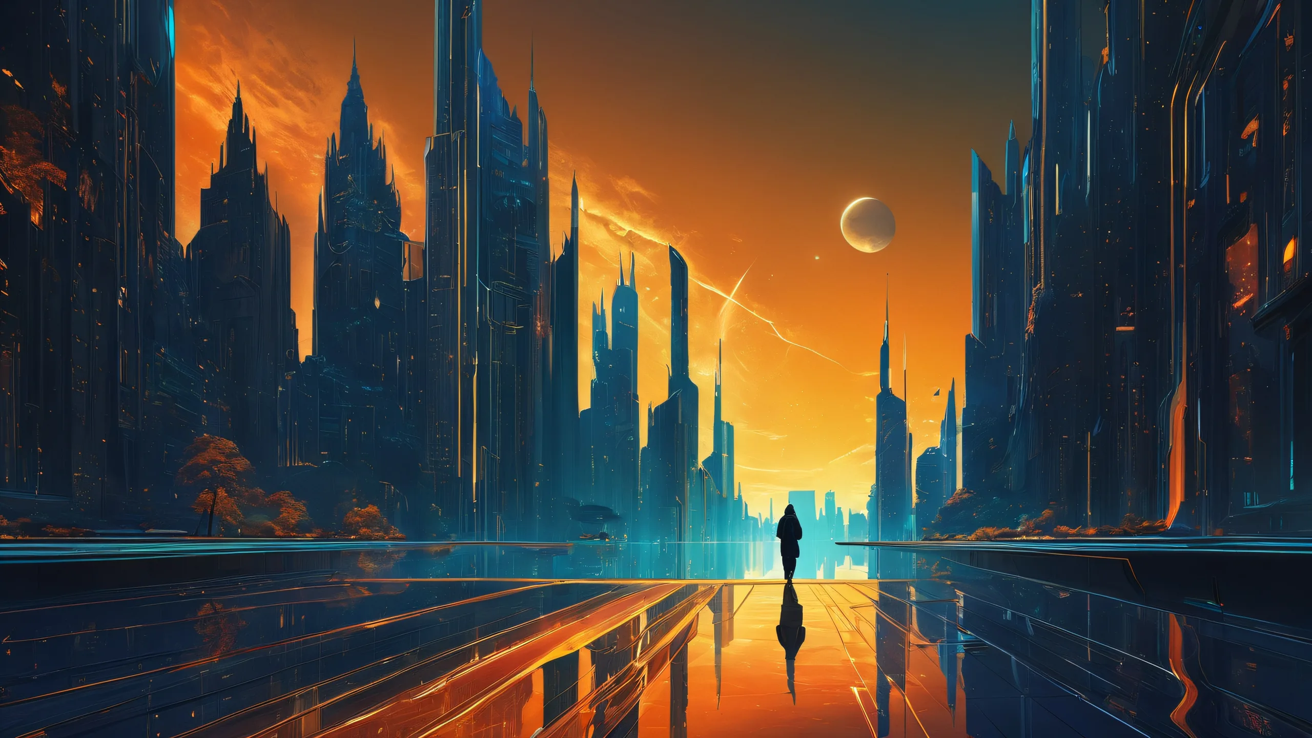Ethereal Depths of Fantasy 4K UHD Wallpaper Breathtaking fantasy desktop scene with a heroic figure set against a vast, pure void and a futuristic cityscape in the distance for Desktop/PC.