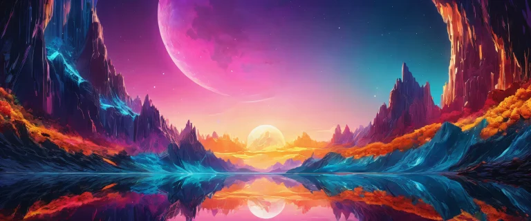 A stunning desktop background featuring a vast pure void with radiant, brilliant colors and ray traced reflections, Perfekt für einen Desktop oder PC.