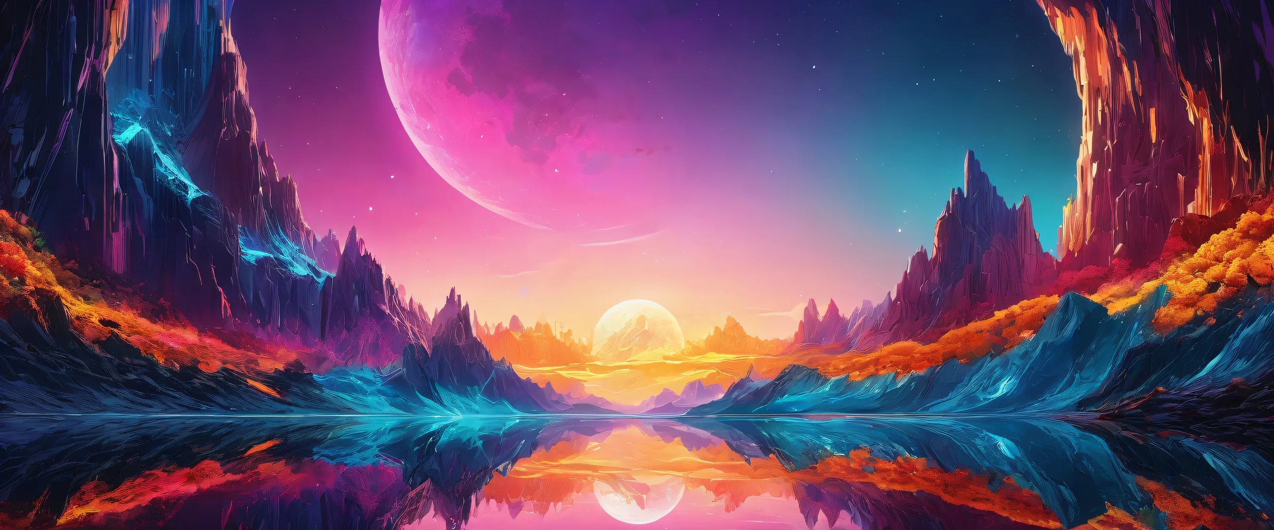 A stunning desktop background featuring a vast pure void with radiant, brilliant colors and ray traced reflections, perfect for a desktop or PC.