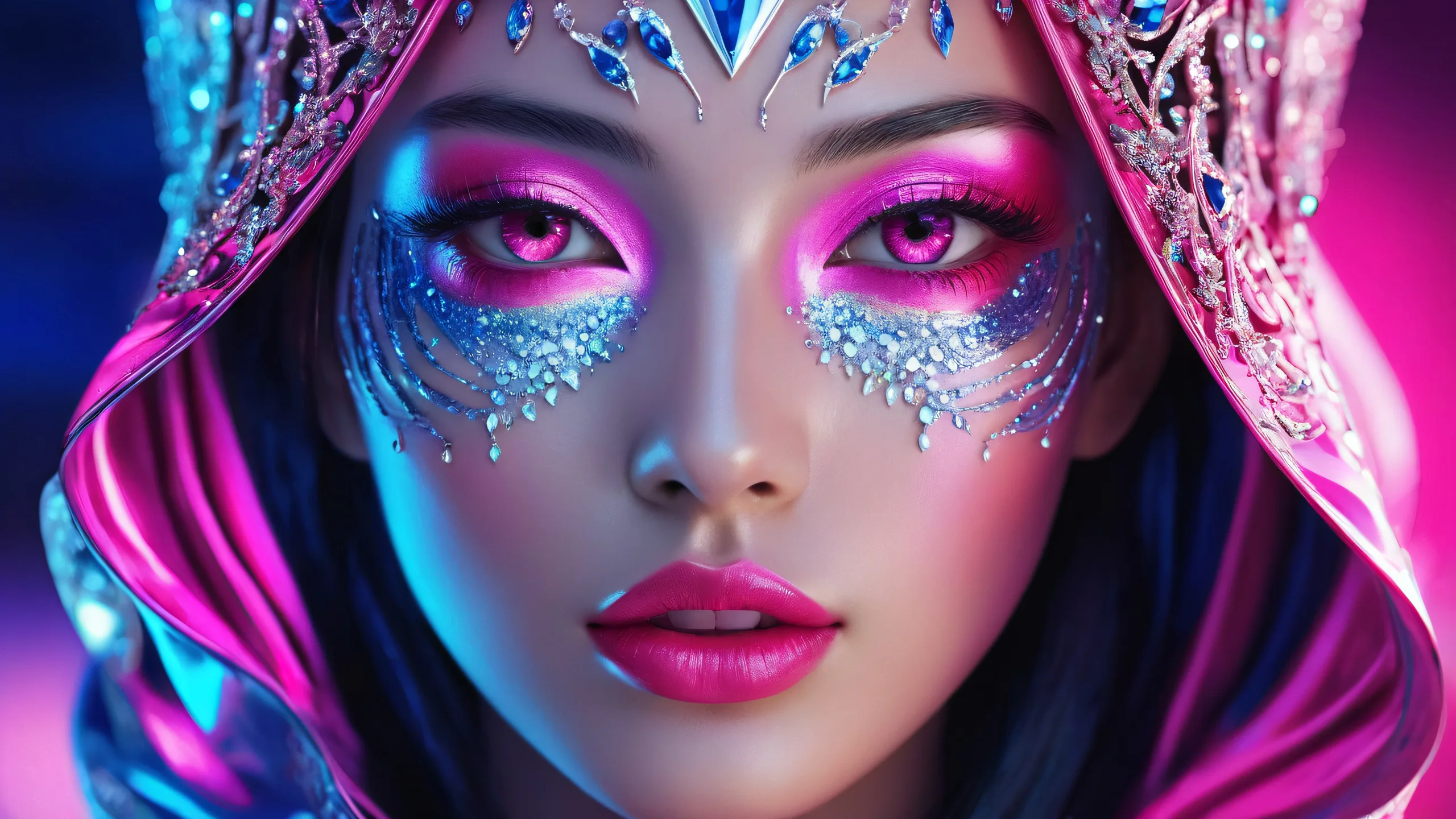 A stunning desktop wallpaper featuring a futuristic face in a vast, dark blue void with neon pink and metallic silver accents, perfect for a PC or Desktop.