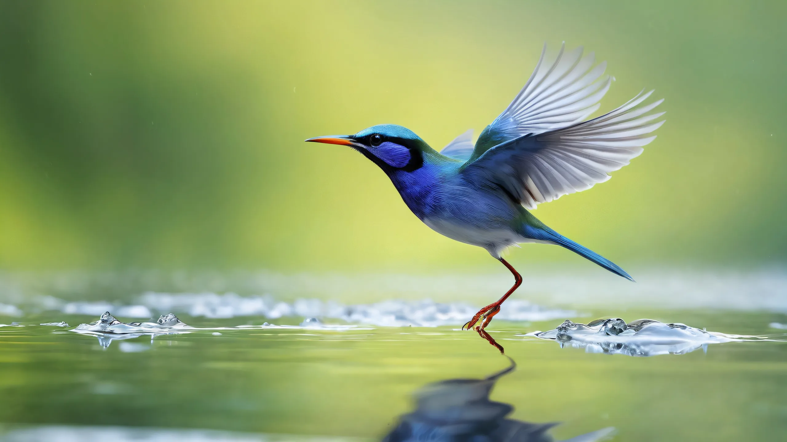 A breathtaking desktop wallpaper featuring a bird in a vast, pure void with extreme depth of field, foggy atmosphere, and radiant colors.