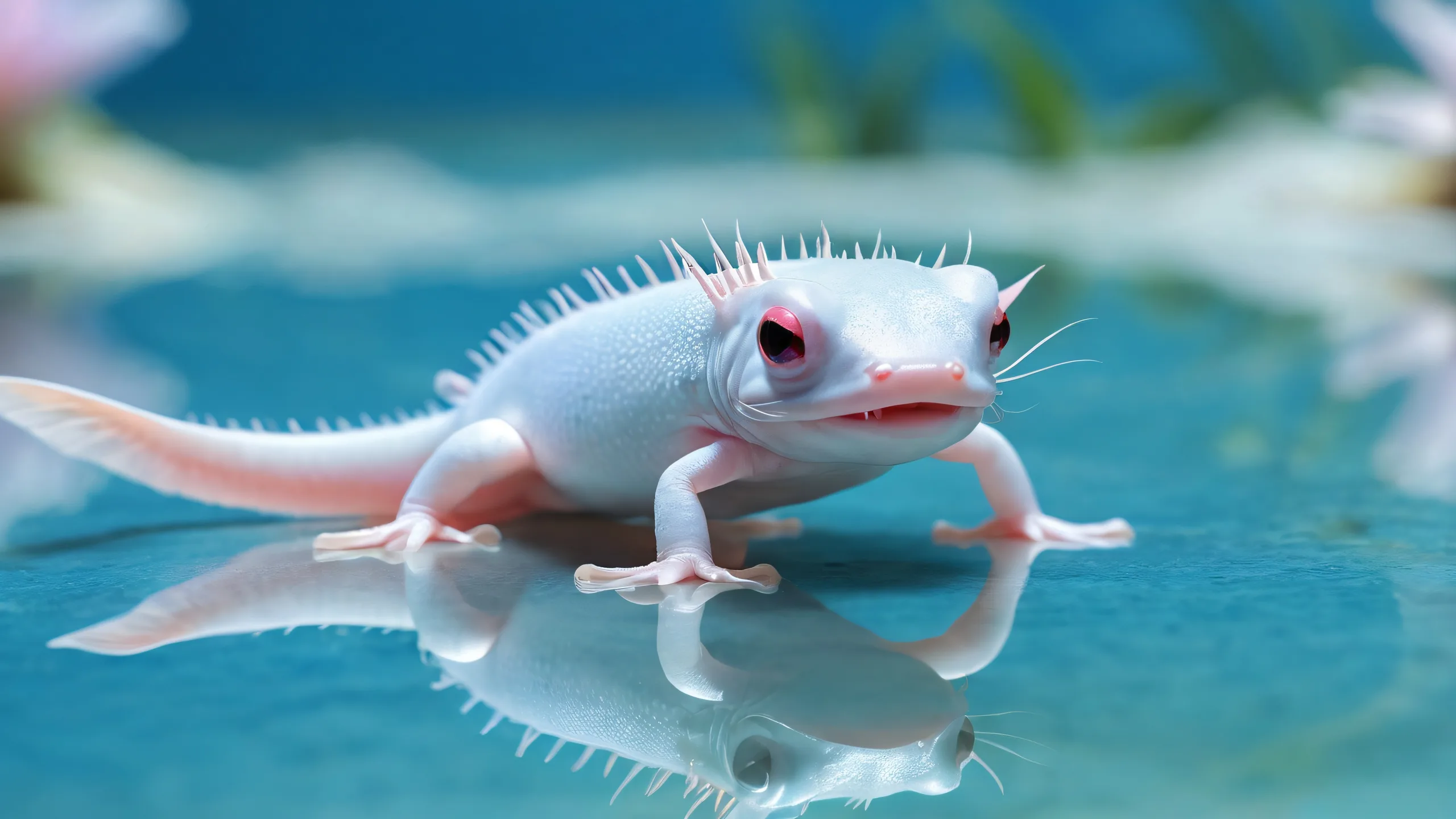 A majestic axolotl swims amidst a vast, pristine void on a desktop/PC background featuring breathtaking digital art and ethereal lighting.