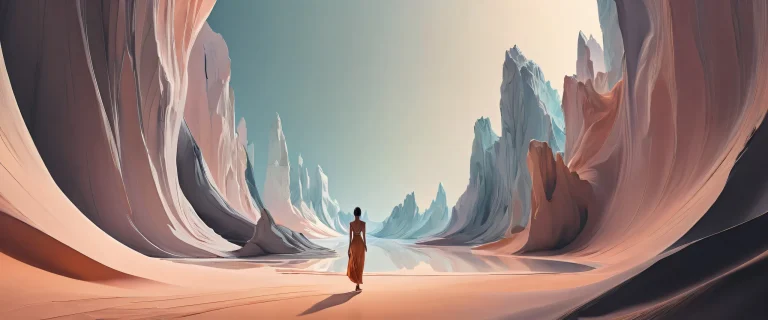 Desktop/PC wallpaper featuring abstract realism and monumentally detailed figures set against a vast pure void with diffused light source.