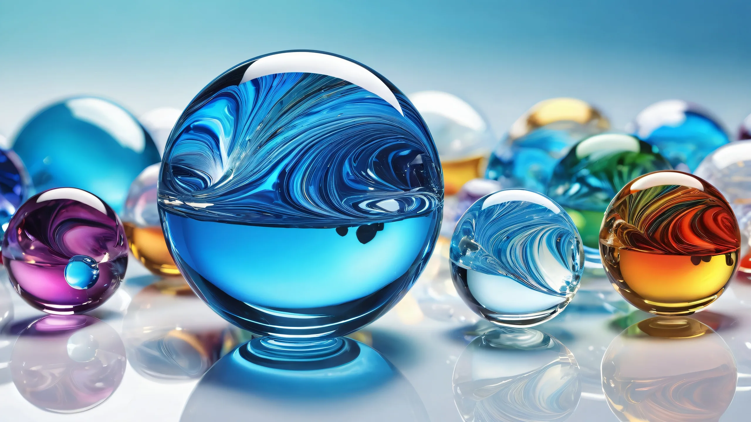 A mesmerizing desktop background of a glass marble sphere suspended in mid-air, perfectly clean and pure, with extreme depth of field, ideal for use on Desktop/PC