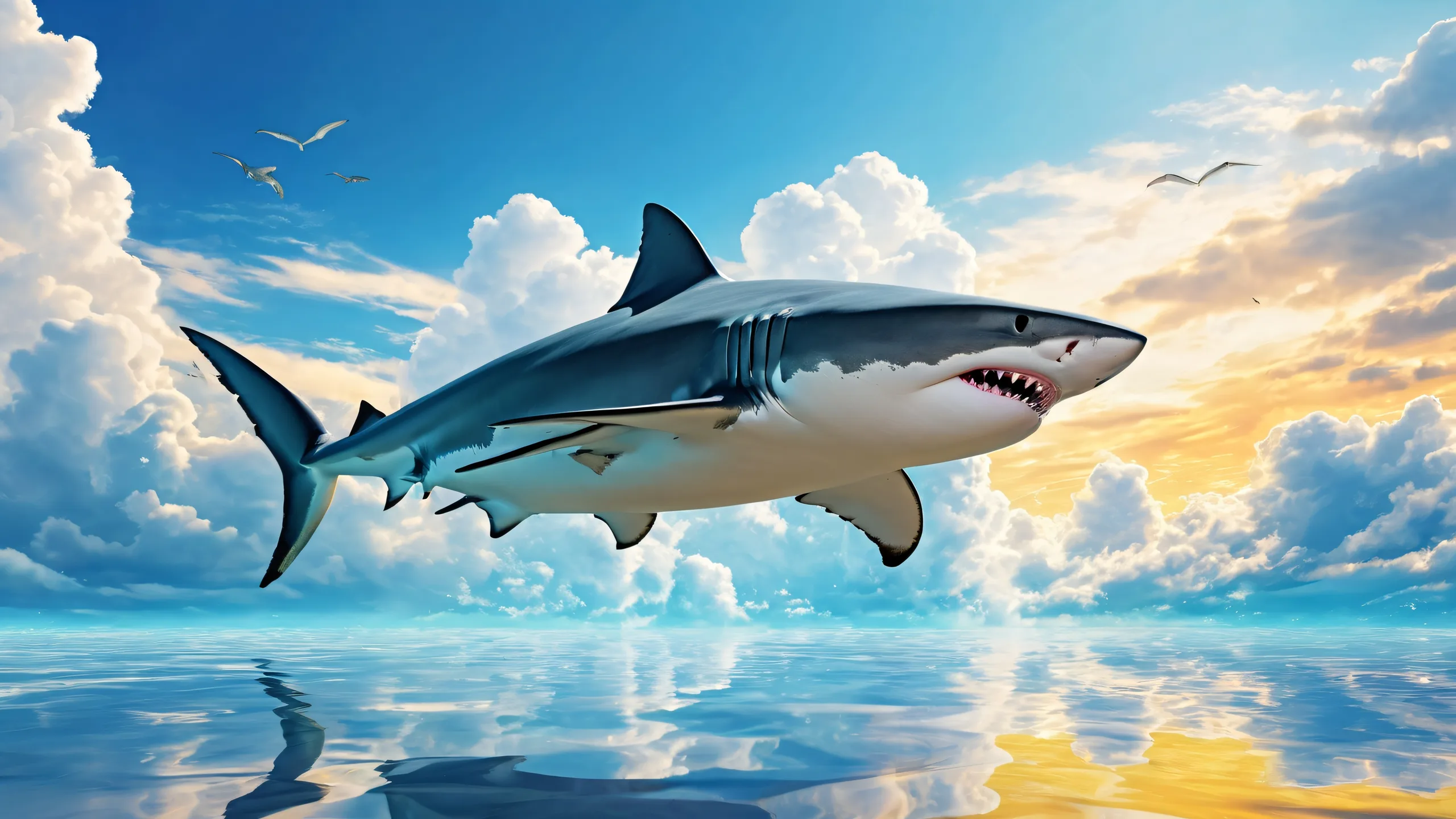 A majestic shark swims through a vast, crystal-clear void on a desktop/pc, surrounded by epic clouds and 4K background.