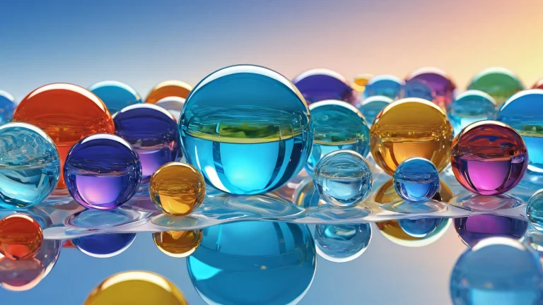 A serene and breathtaking desktop wallpaper featuring a glass marble scene with radiant lighting and stunning visual impact. Perfect for use on a PC or Mac Desktop.