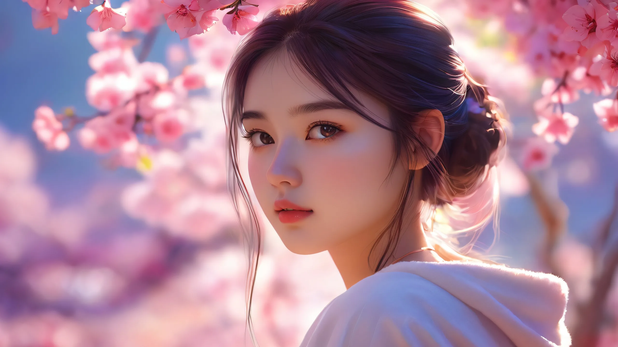 Girl standing in a vast, pure void with extreme depth of field and pristine clarity on a desktop/PC.