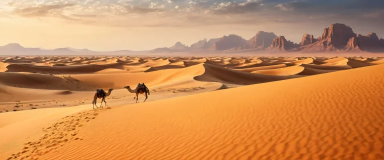 A breathtaking desert landscape with sandy dunes and rock formations on a perfectly clean void, ideal for Desktop/PC use.