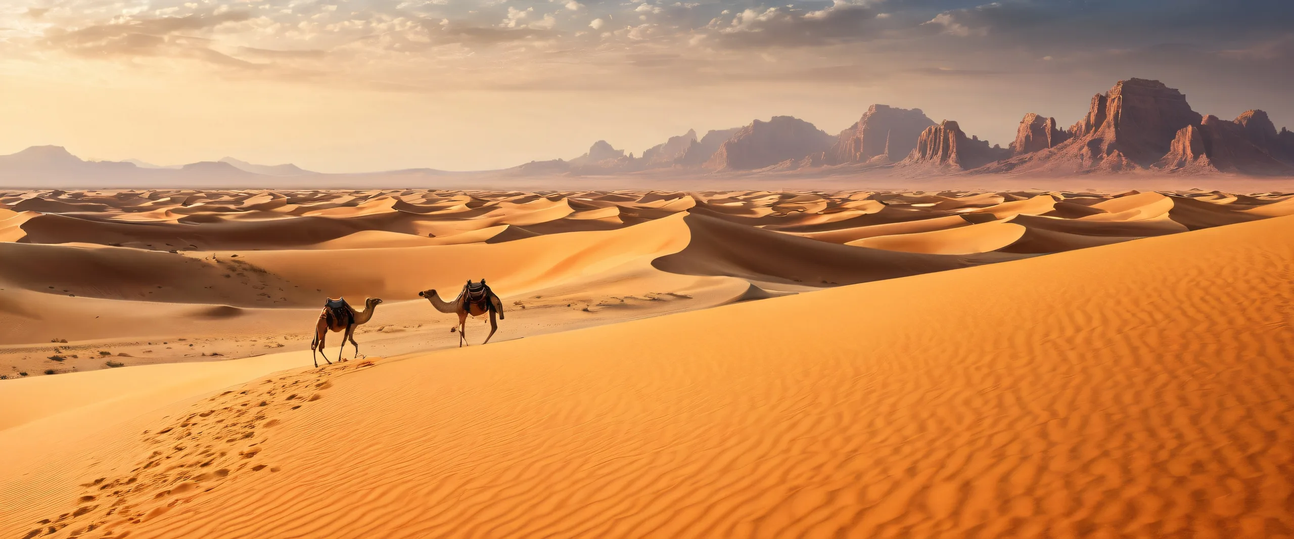 A breathtaking desert landscape with sandy dunes and rock formations on a perfectly clean void, ideal for Desktop/PC use.
