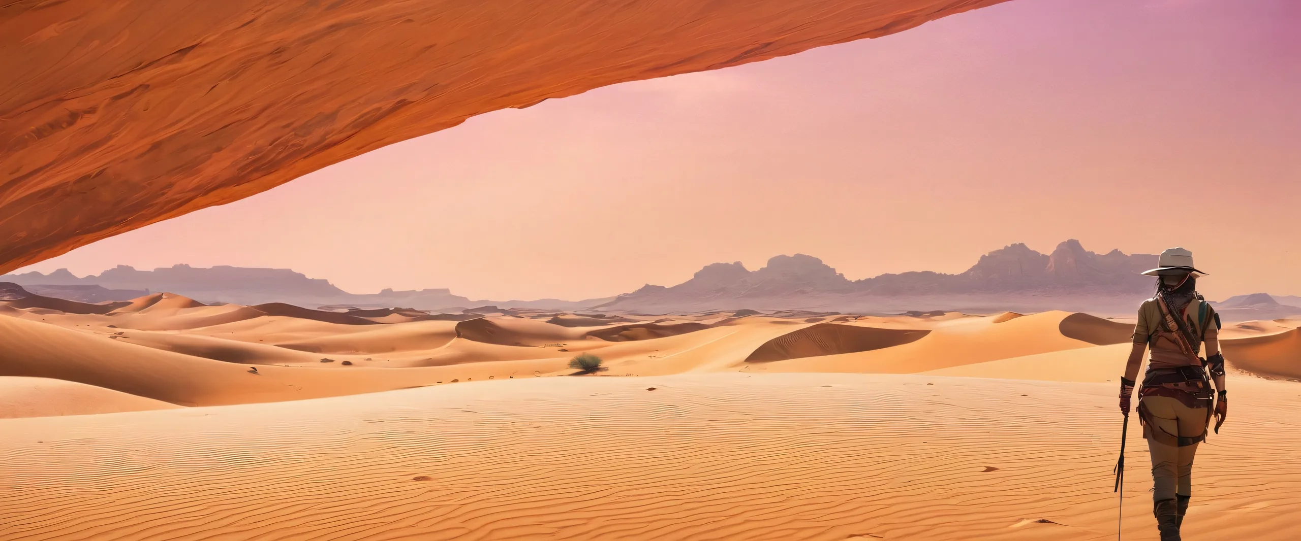 Ethereal Desert Odyssey Aesthetic PC Wallpaper A breathtaking female explorer in a vast pure void, set against a dusty desert landscape on a desktop/PC.