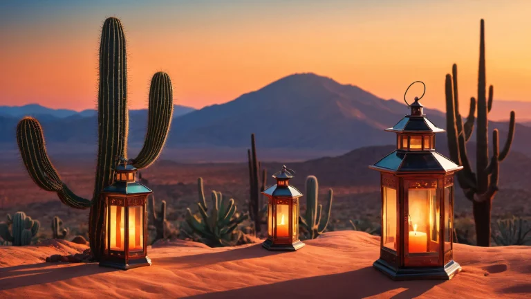 A breathtaking cactus and lantern scene on a pristine desert backdrop with a warm sunset glow, perfecto para uso de escritorio.
