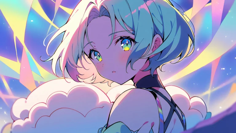 A young anime girl sits in a vast, pure void with a geometric background, looking directly at the viewer.