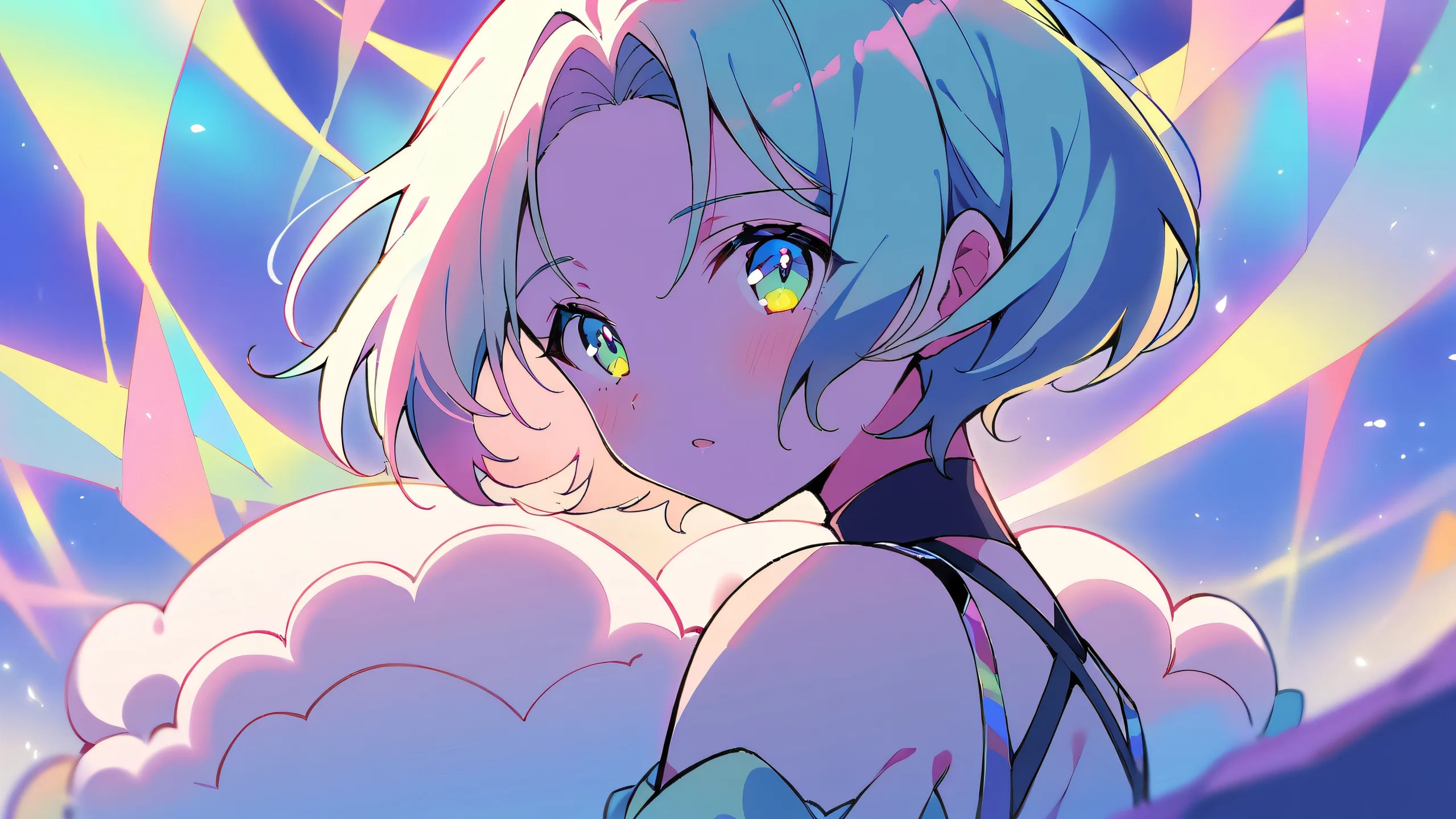 A young anime girl sits in a vast, pure void with a geometric background, looking directly at the viewer.